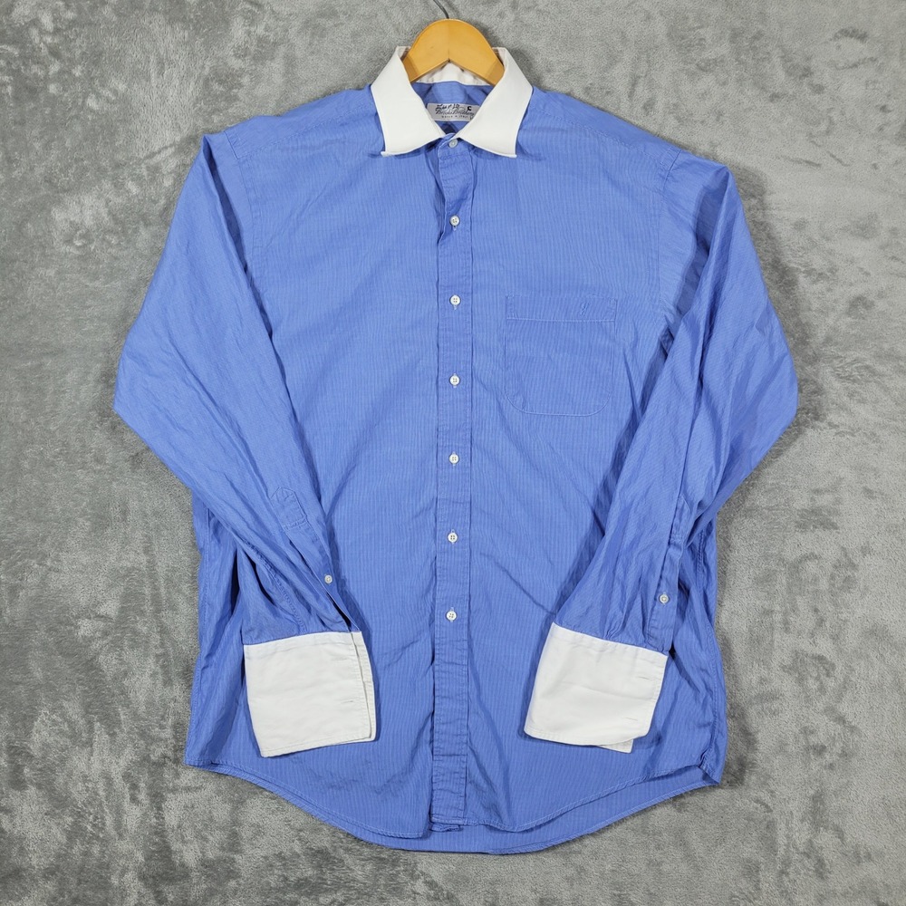 VTG Brooks Brothers Oxford Shirt 16.5 - 35 Blue Contrast Flip Cuff OCBD *FLAW*
